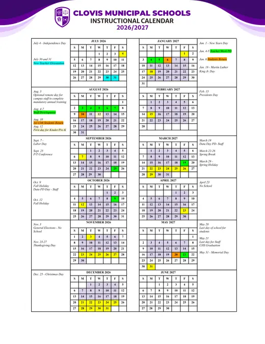 Clovis Municipal Schools 2026–2027 Academic Calendar