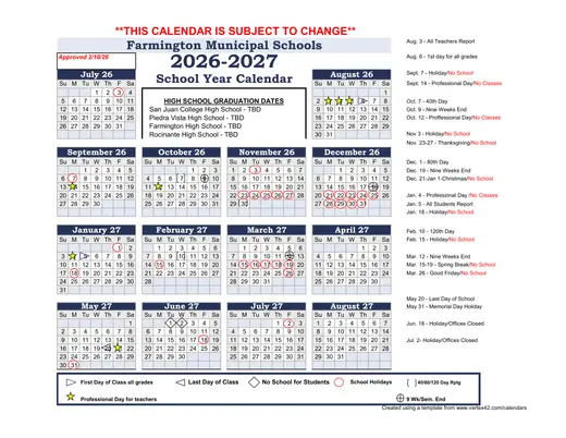 Farmington Municipal Schools 2026–2027 Academic Calendar
