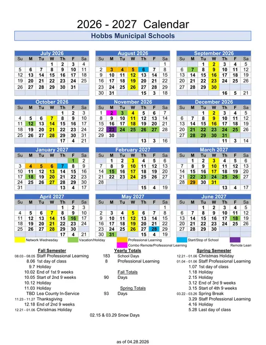 Hobbs Municipal Schools 2026–2027 Academic Calendar