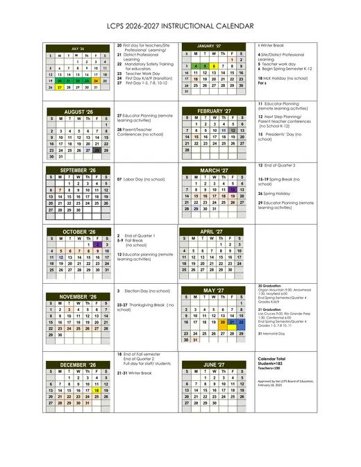 Las Cruces Public Schools lcps 2026–2027 Academic Calendar