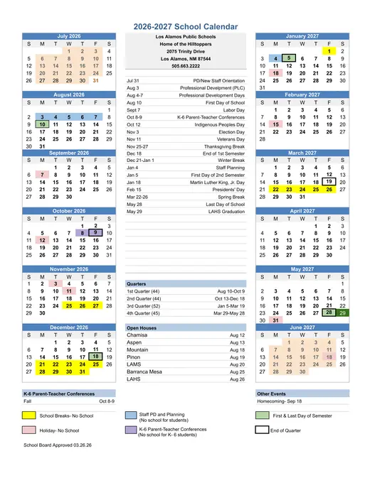 Los Alamos Public Schools 2026–2027 Academic Calendar Page 1
