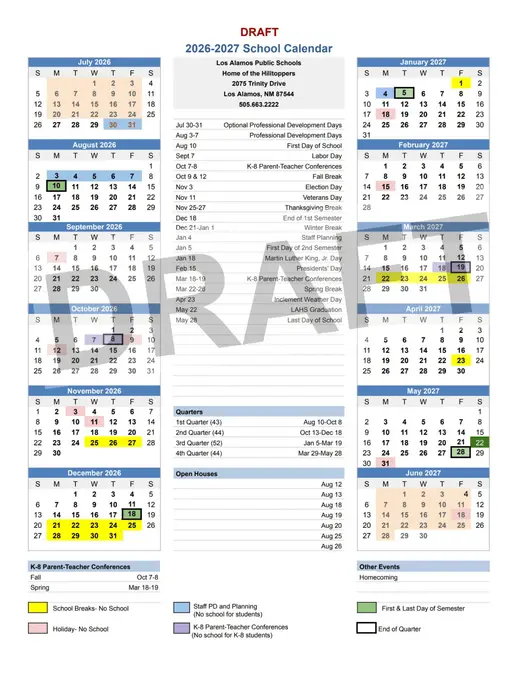Los Alamos Public Schools 2026–2027 Academic Calendar Page 2