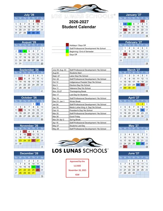 Los Lunas Schools 2026–2027 Academic Calendar