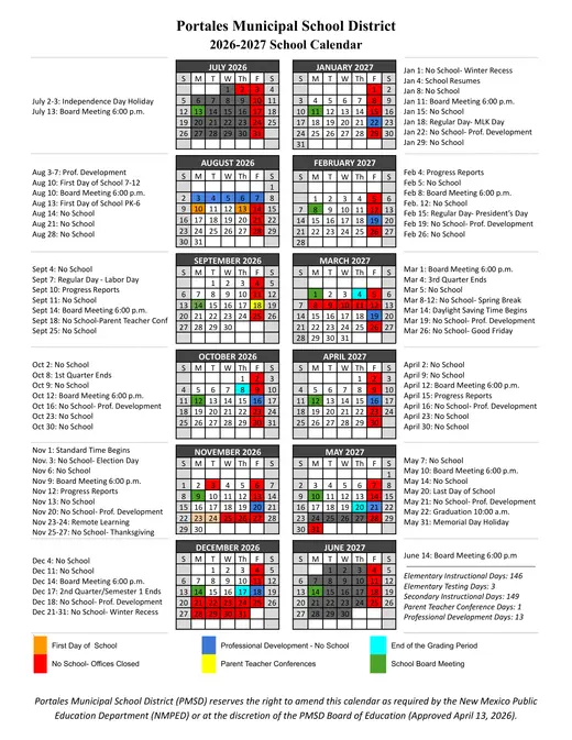 Portales Municipal School District 2026–2027 Academic Calendar