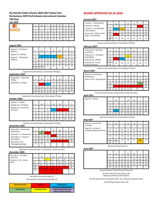 Rio Rancho Public Schools 2026–2027 Academic Calendar
