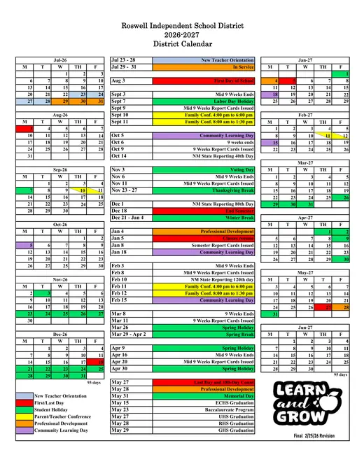 Roswell Independent School District 2026–2027 Academic Calendar