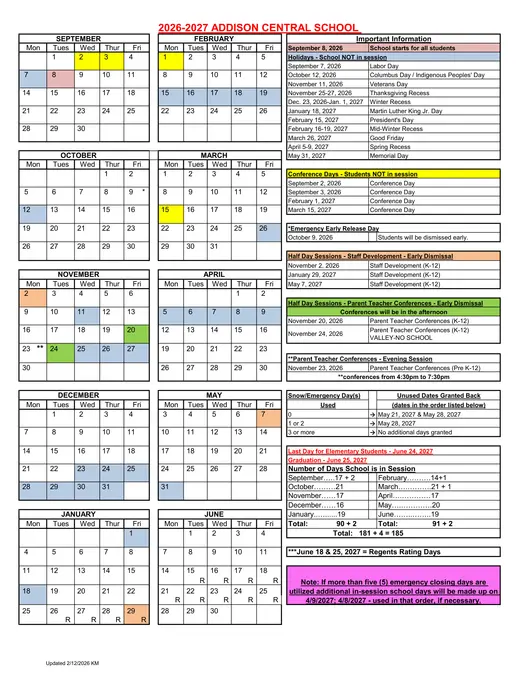 Addison Central School CSD 2026–2027 Academic Calendar