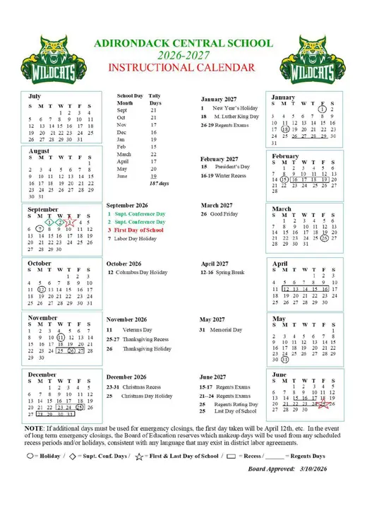 Adirondack Central School District 2026–2027 Academic Calendar