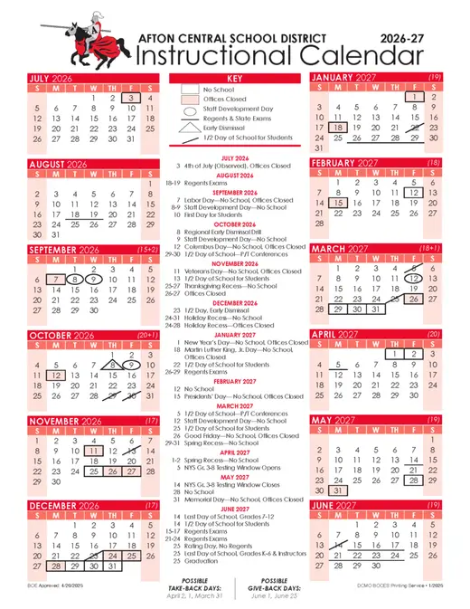 Afton Central School District CSD 2026–2027 Academic Calendar Page 2