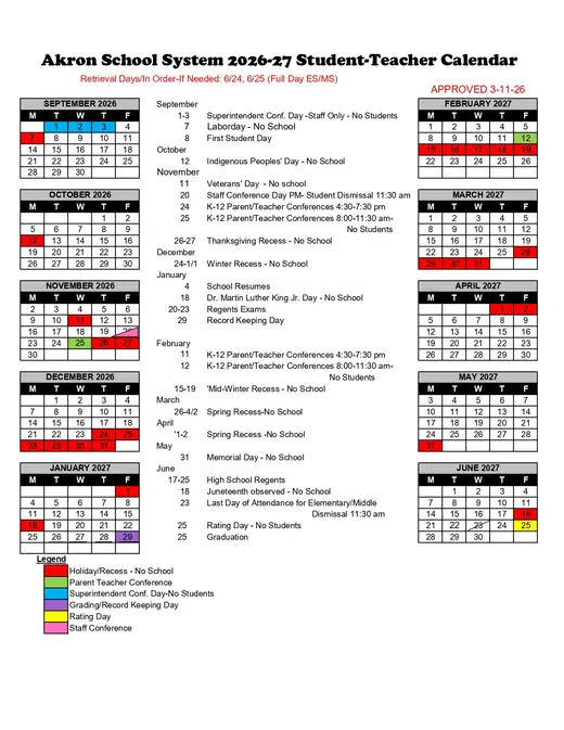 Akron Central School District 2026–2027 Academic Calendar