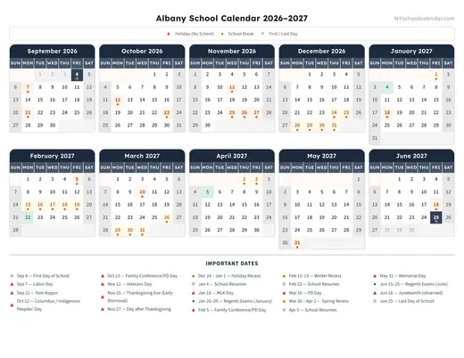 Albany School 2026–2027 Academic Calendar