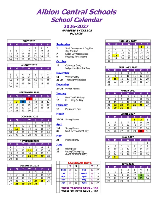 Albion Central School District 2026–2027 Academic Calendar