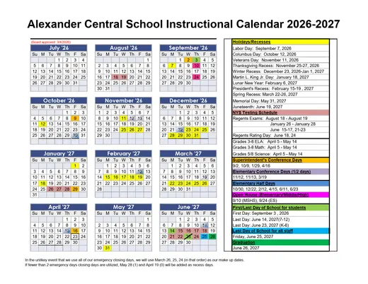 Alexander Central School 2026–2027 Academic Calendar Page 1