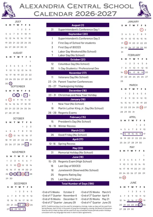Alexandria Central School CSD 2026–2027 Academic Calendar