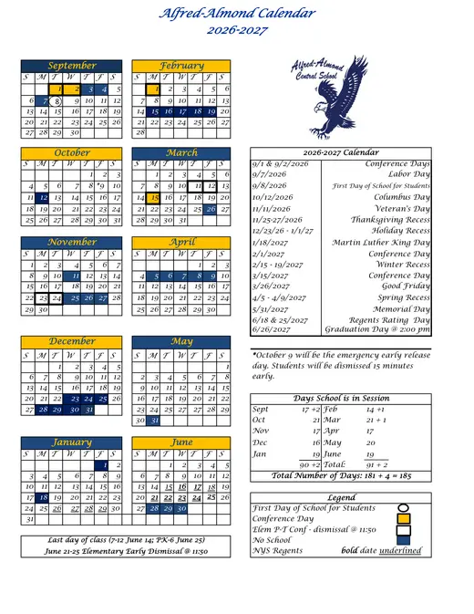 Alfred-Almond Central School CSD 2026–2027 Academic Calendar