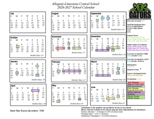 Allegany-Limestone Central School District 2026–2027 Academic Calendar