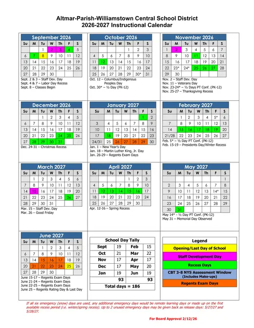 Altmar-Parish-Williamstown Central School District CSD 2026–2027 Academic Calendar