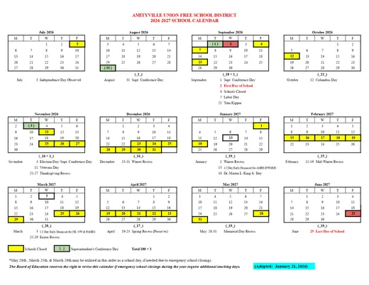Amityville Union Free School District 2026–2027 Academic Calendar
