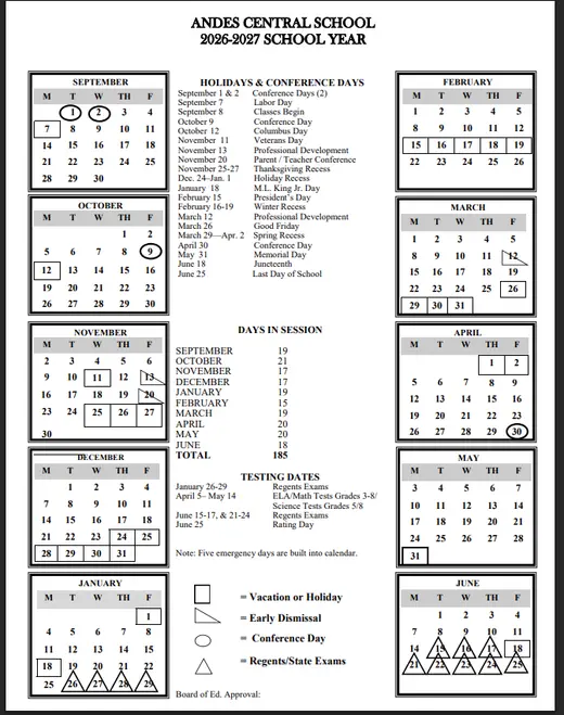 Andes Central School 2026–2027 Academic Calendar Page 1