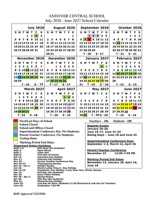 Andover Central School CSD 2026–2027 Academic Calendar