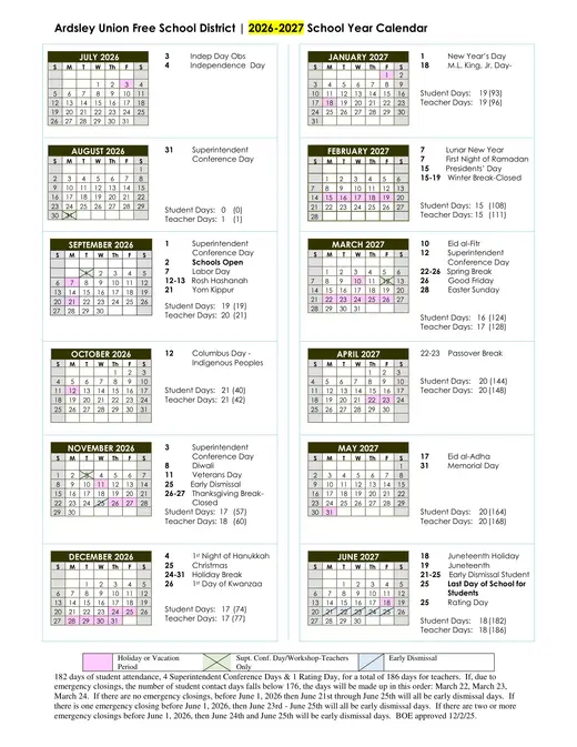 Ardsley Union Free School District 2026–2027 Academic Calendar
