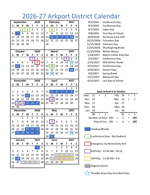 Arkport District 2026–2027 Academic Calendar Page 1