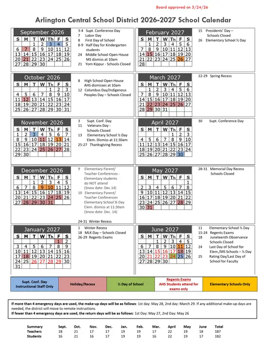 Arlington Central School District 2026–2027 Academic Calendar Page 1