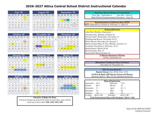 Attica Central School District CSD 2026–2027 Academic Calendar