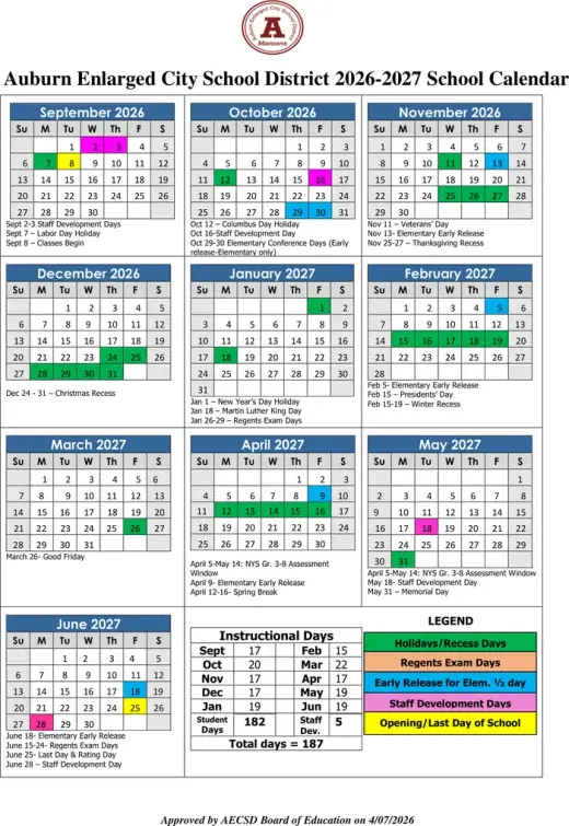 Auburn Enlarged City School District ECSD 2026-2027 Academic Calendar