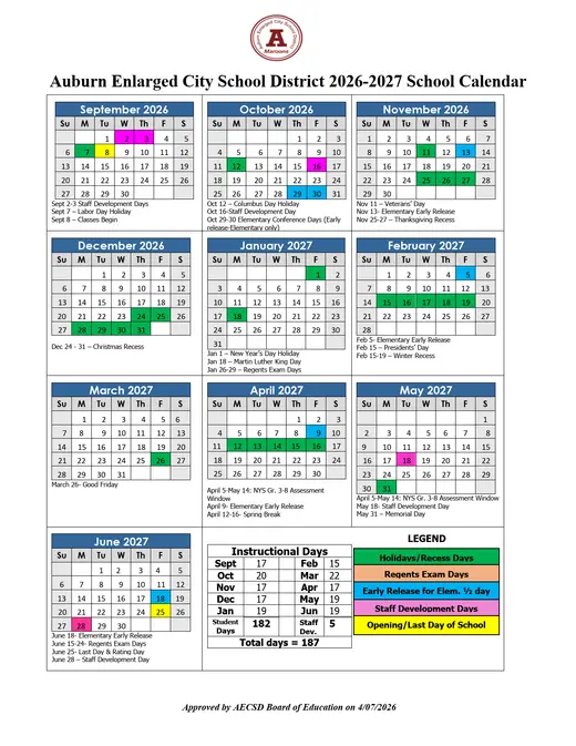 Auburn Enlarged City School District 2026–2027 Academic Calendar Page 1