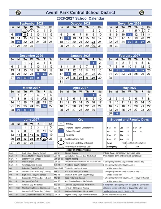 Averill Park Central School District 2026–2027 Academic Calendar