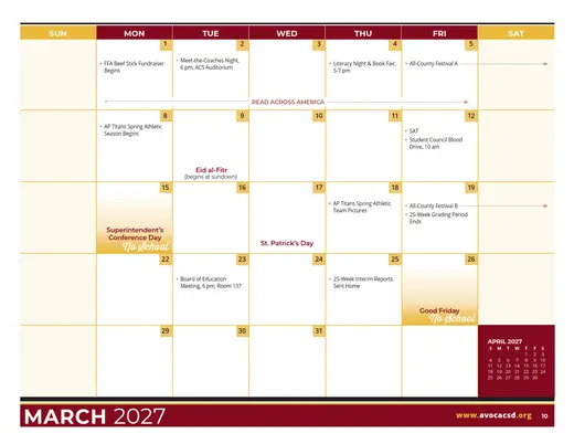 Avoca Central School District 2026–2027 Academic Calendar Page 2