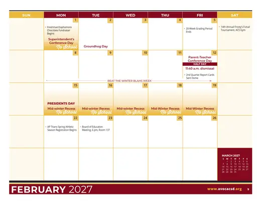 Avoca Central School District 2026–2027 Academic Calendar Page 20