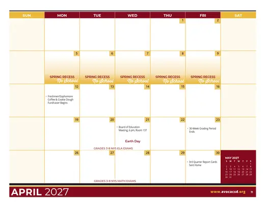 Avoca Central School District 2026–2027 Academic Calendar Page 3