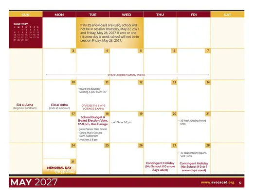 Avoca Central School District 2026–2027 Academic Calendar Page 4