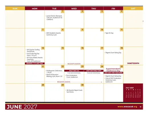Avoca Central School District 2026–2027 Academic Calendar Page 5