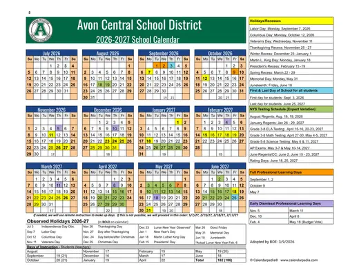 Avon Central School District 2026–2027 Academic Calendar