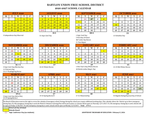 Babylon Union Free School District 2026–2027 Academic Calendar