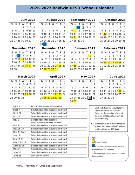 Baldwin Union Free School District 2026–2027 Academic Calendar