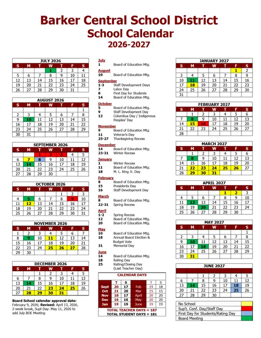 Barker Central School District 2026–2027 Academic Calendar Page 1