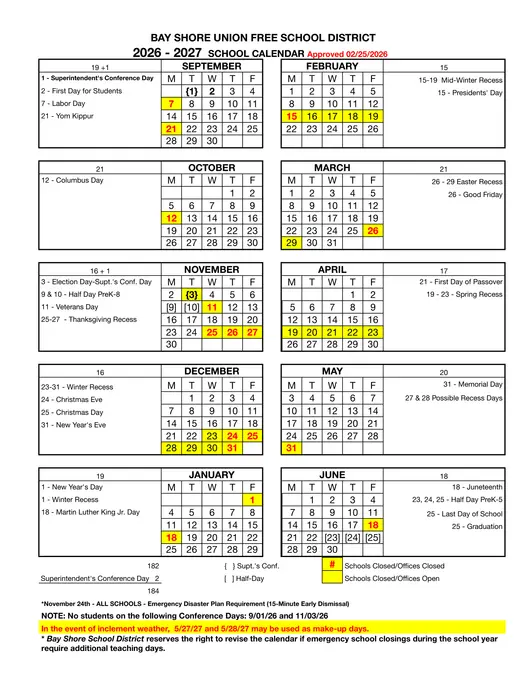 Bay Shore Union Free School District Ufsd 2026–2027 Academic Calendar