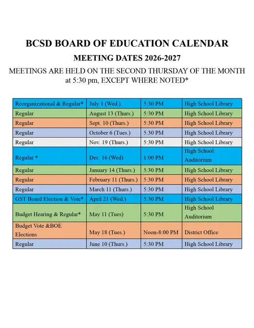 BCSD Board of Education 2026–2027 Academic Calendar Page 1