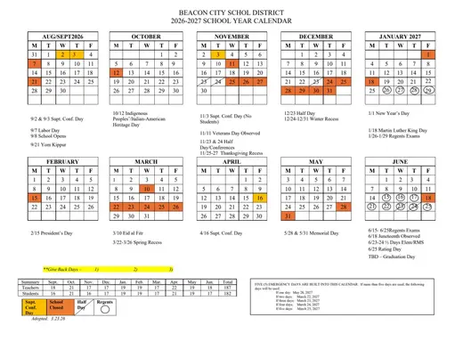 Beacon City School District 2026–2027 Academic Calendar Page 1