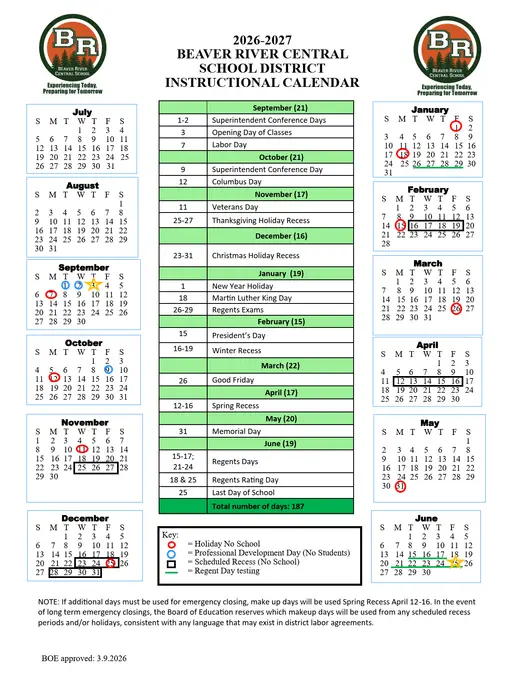 Beaver River Central School District 2026–2027 Academic Calendar Page 1