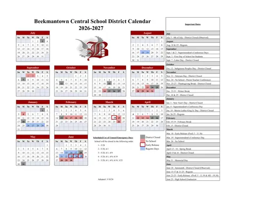 Beekmantown Central School District 2026–2027 Academic Calendar