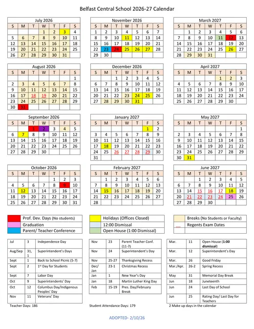 Belfast Central School CSD 2026–2027 Academic Calendar