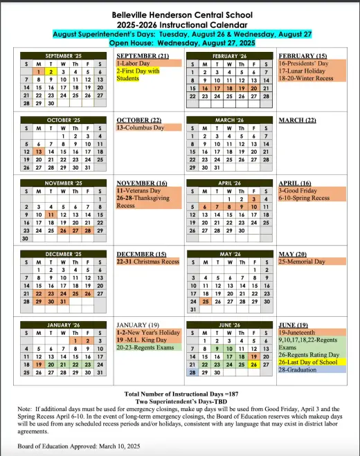 Belleville Henderson Central School CSD 2025–2026 Academic Calendar Page 2
