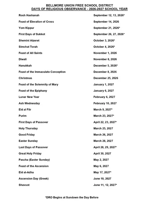 Bellmore Union Free School District 2026–2027 Academic Calendar