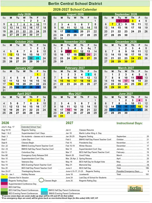 Berlin Central School District (1) 2026–2027 Academic Calendar Page 1