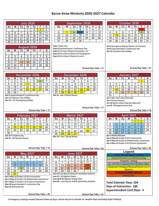 Berne-Knox-Westerlo 2026–2027 Academic Calendar Page 1